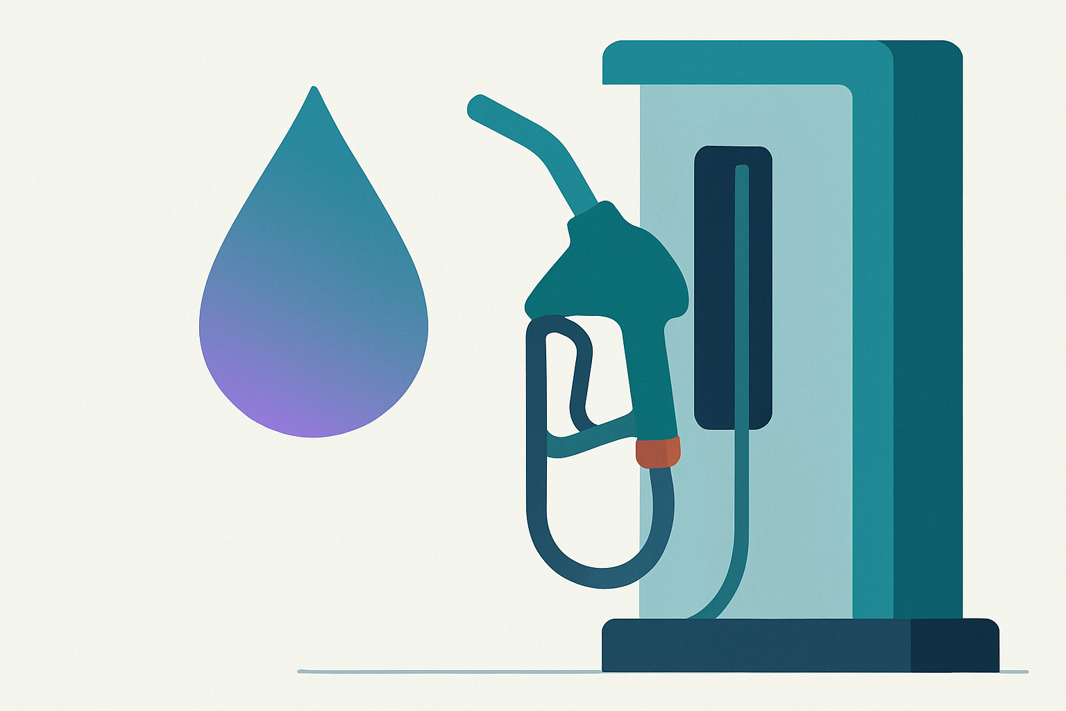 Ilustrace: Čerpací pistole zavěšená na stojanu benzinové pumpy a stylizovaná kapka paliva, pojaté abstraktně a geometricky, klidná plochá vektorová kompozice s velkým volným prostorem.