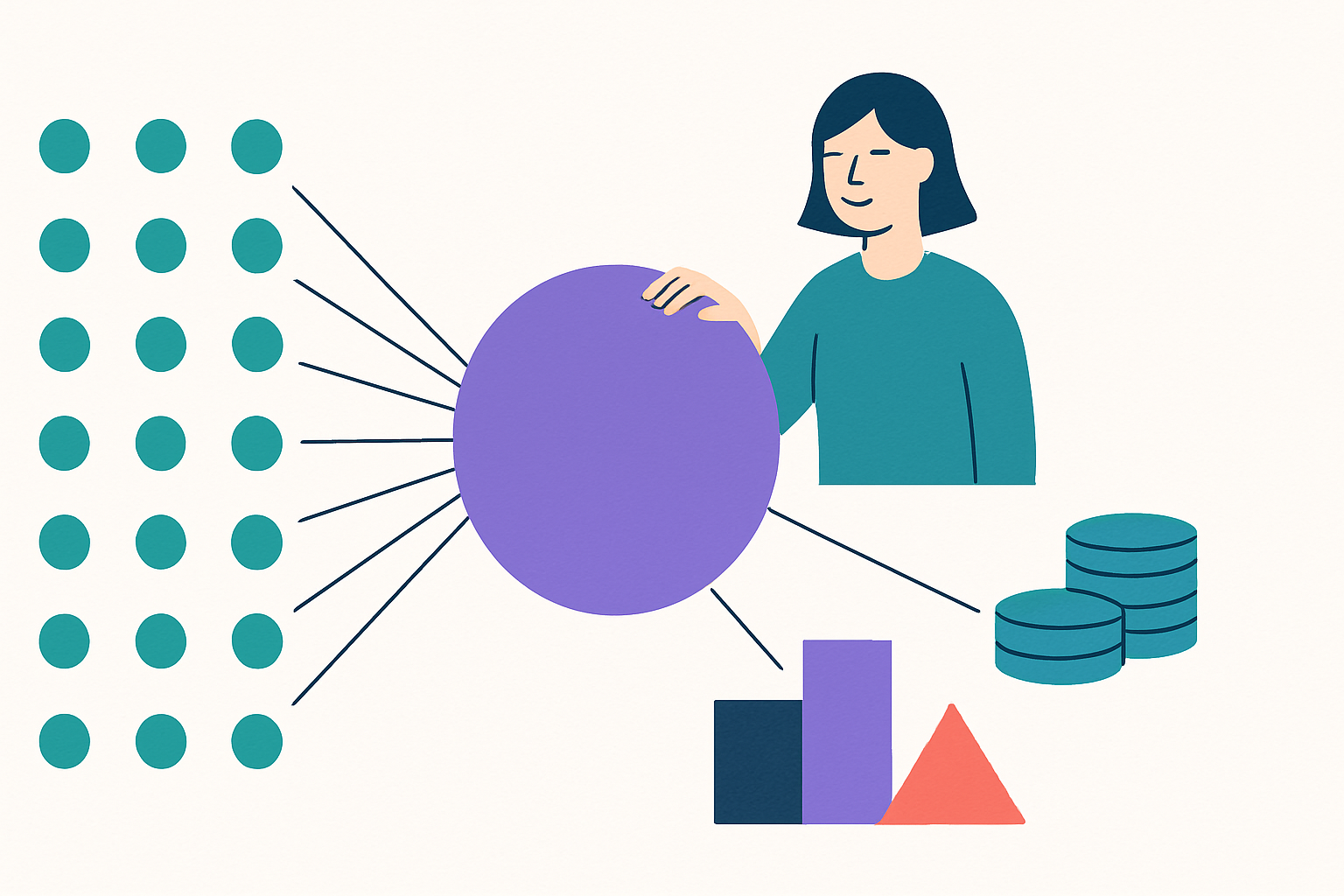 Ilustrace: Ploché konceptuální schéma sdruženého investování: mnoho malých kroužků (drobní investoři) se z různých stran sbíhá tenkými proudy do jednoho velkého kruhu uprostřed (společný fond), o který pečuje jedna klidná postava správce; z velkého kruhu vybíhají čáry k několika různým menším geometrickým tvarům (rozložení do více druhů aktiv).