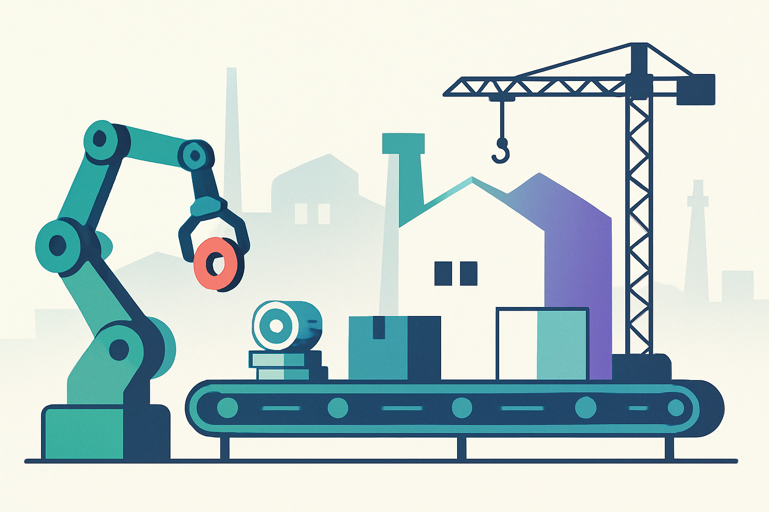 Ilustrace: Abstraktní plochá vektorová ilustrace moderní automatizované průmyslové výrobní haly: stylizované robotické linky a dopravníky, siluety hal a jeřábů, motiv industriální expanze a stavby nového závodu. Chladné tóny, hodně volného prostoru, geometrické tvary. Žádná čísla, žádný text, žádná loga, žádné zbraně ani munice.