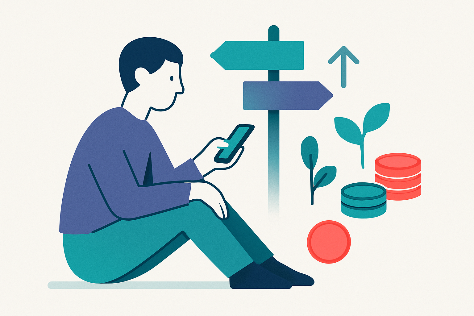 Plochá ilustrace: člověk sedící s mobilním telefonem u rozcestníku, vedle symboly růstu – šipka nahoru, rostlinka a abstraktní mince. Motiv investování z mobilu v barvách webu.