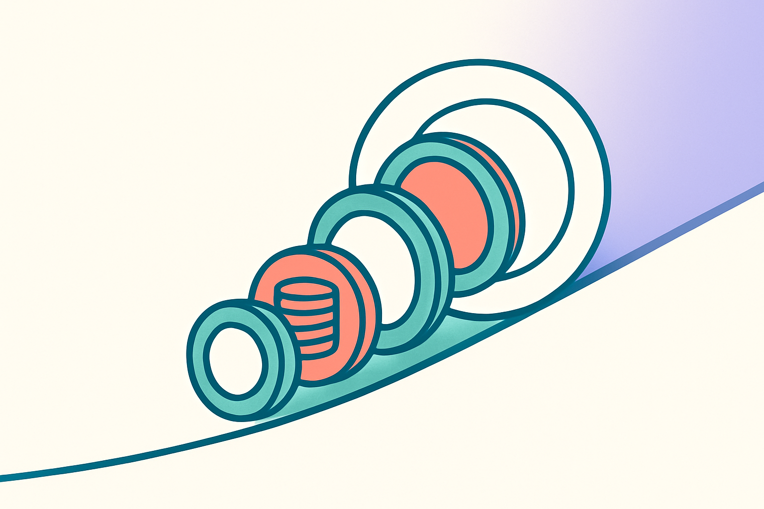 Ilustrace: Sněhová koule složená z geometrických kruhů, jak se pomalu valí po mírném svahu a s každou otočkou se zvětšuje – metafora úspor, které se v čase nabalují a rostou. Kruhy jako stylizované mince a vrstvy v teal a coral, stoupající křivka svahu naznačuje růst a akumulaci. Klidná, vzdělávací atmosféra, hodně volného prostoru, plochý minimalistický vektor.