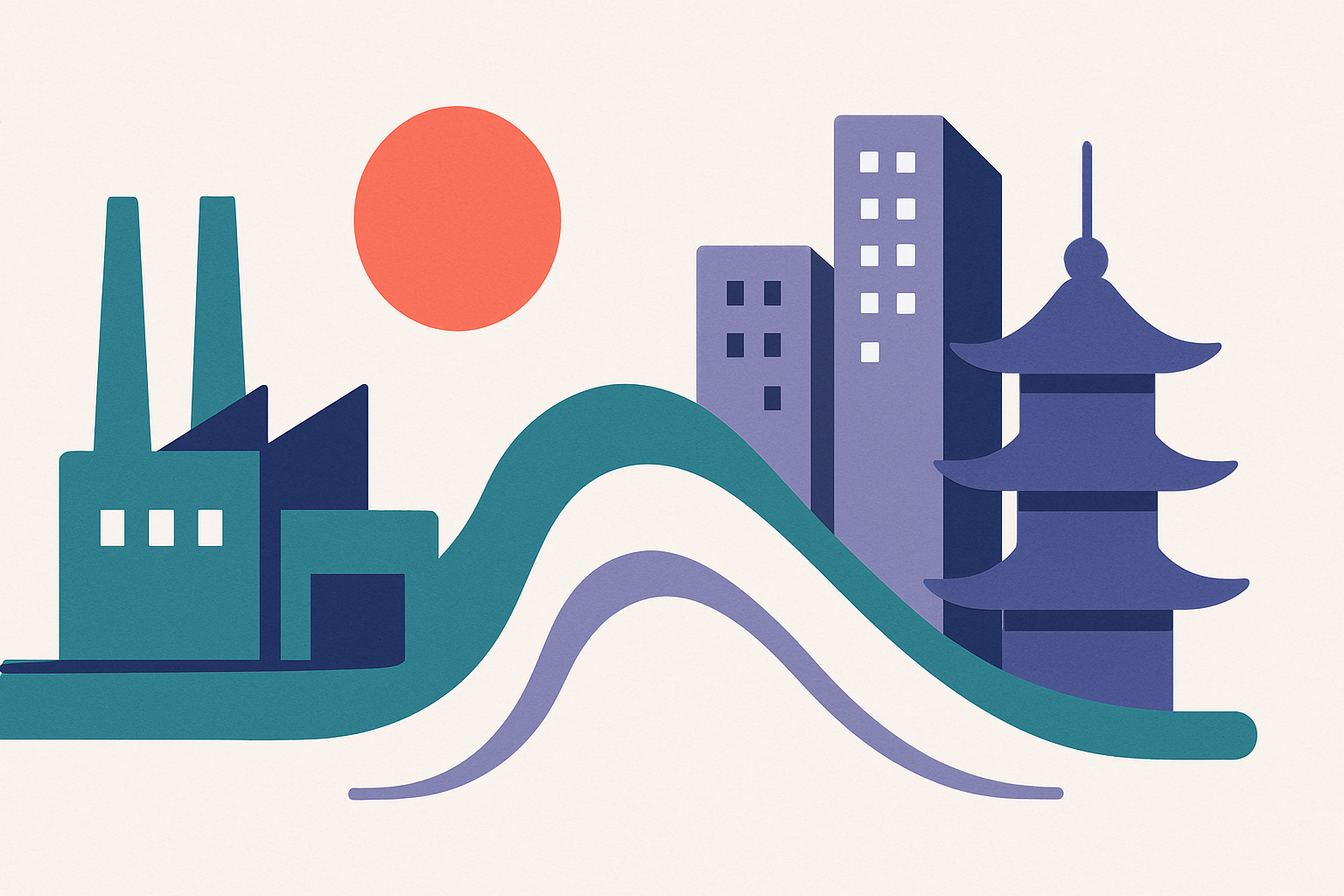 Ilustrace: Abstraktní propojení japonského průmyslu a služeb: geometrické tovární siluety, městské budovy a jemné organické křivky. Bez peněz, mincí, bankovek, měnových symbolů, vlajek, log, konkrétních institucí, textu a čísel.
