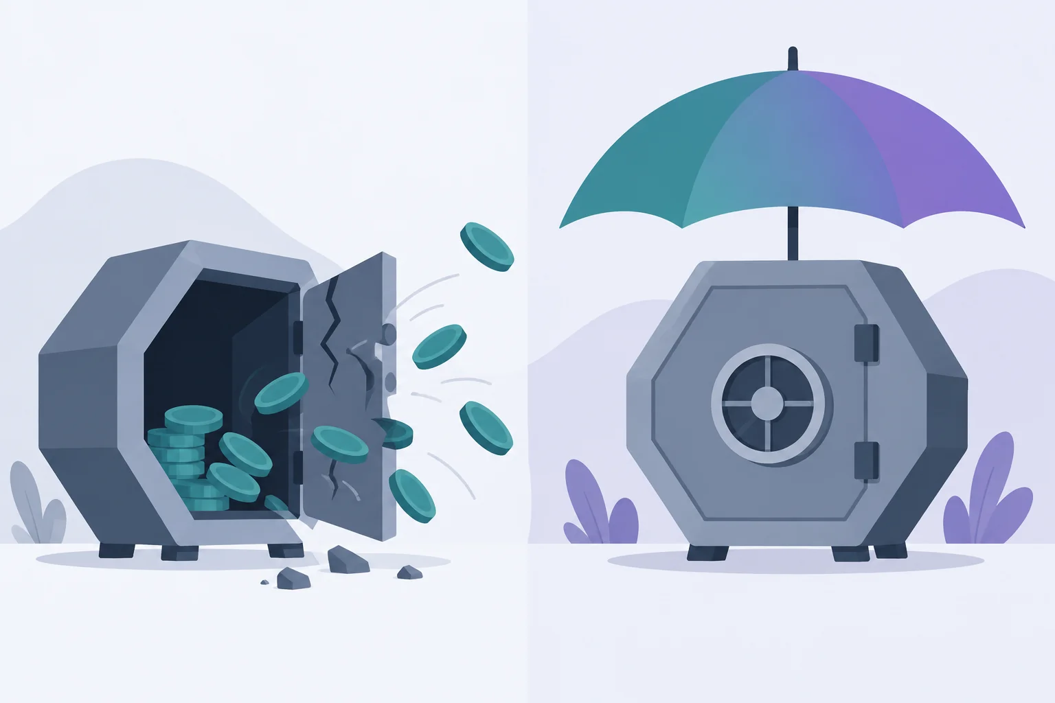 Ilustrace: vlevo otevřený digitální trezor, z něhož odplouvají mince, vpravo zavřený trezor chráněný deštníkem – kontrast mezi nechráněnými kryptoaktivy a pojištěným vkladem v bance.